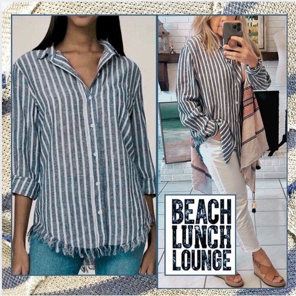 Anthropologie Tops - Anthro’s BeachLunchLounge,Striped-linen Frayed-Hem,Button-down Shirt,EUC,size XL